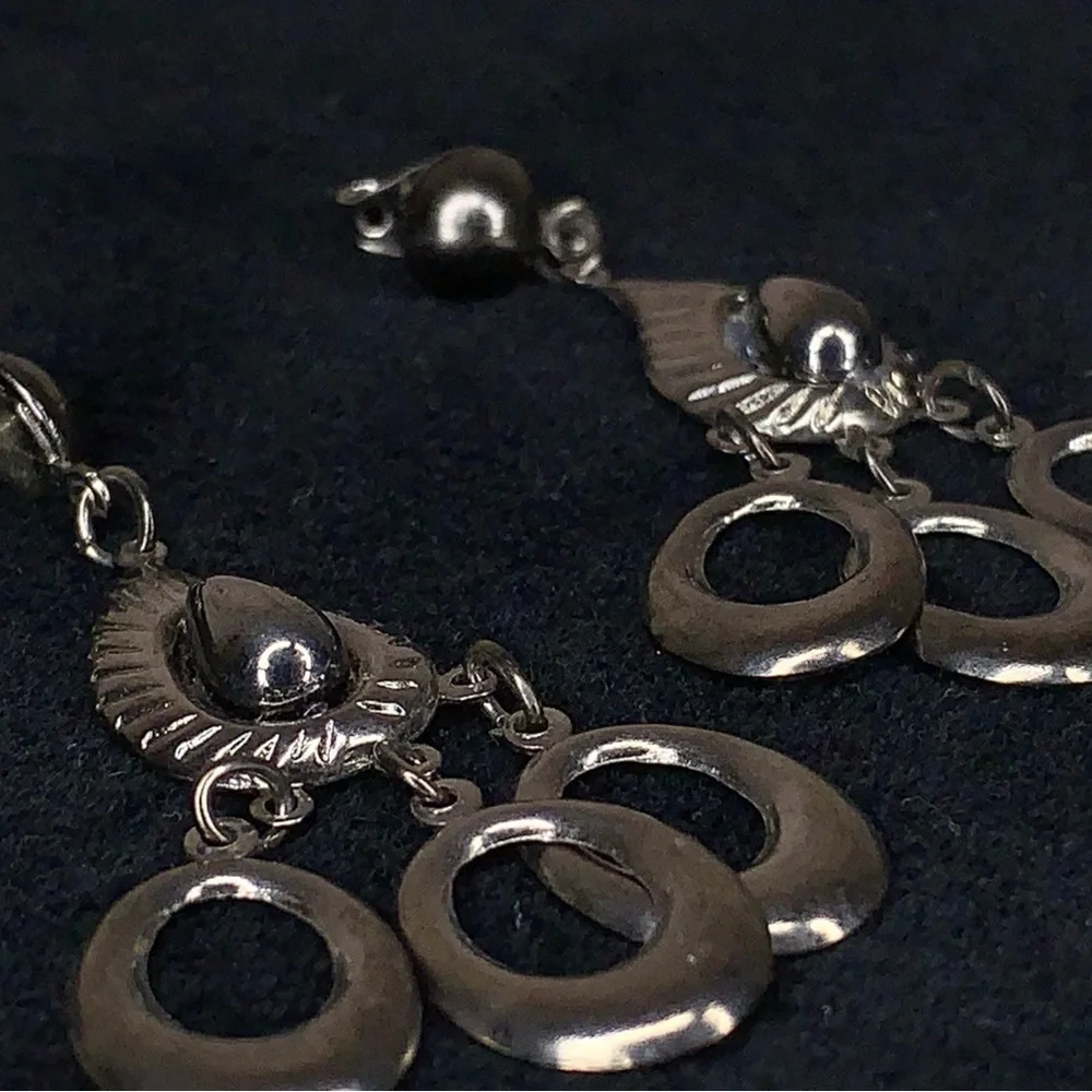 Vintage Rare Dark Silver Chrome Earrings Art Deco Dangle Chandelier Style Mod
